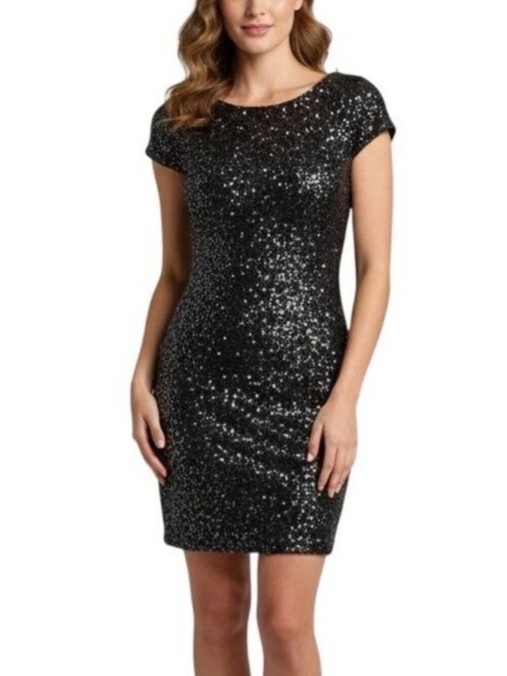 DRESS THE POPULATION Tabitha Black Sequin Mini Drop Back Cocktail Dress size XS
